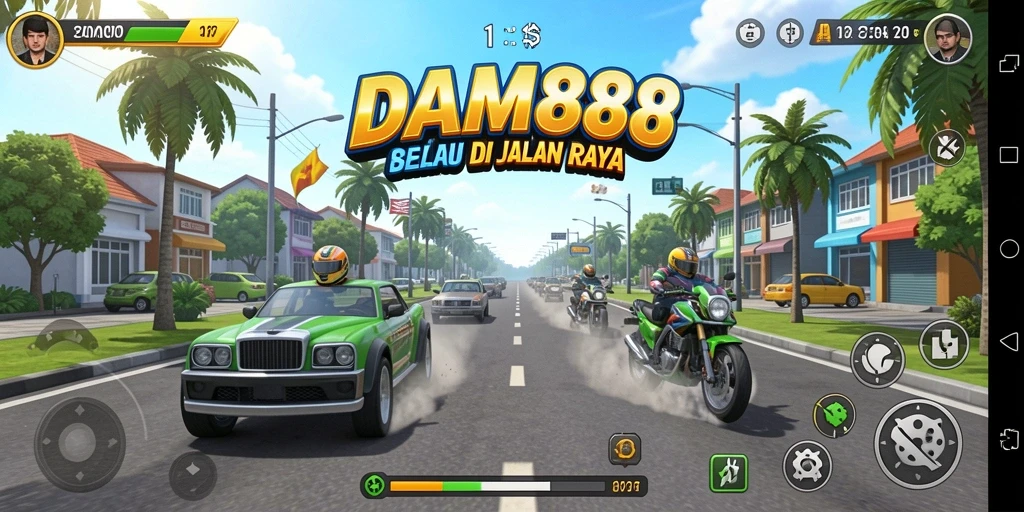Gameplay intens dari DAM88 saat mobil melaju kencang di trek balapan.