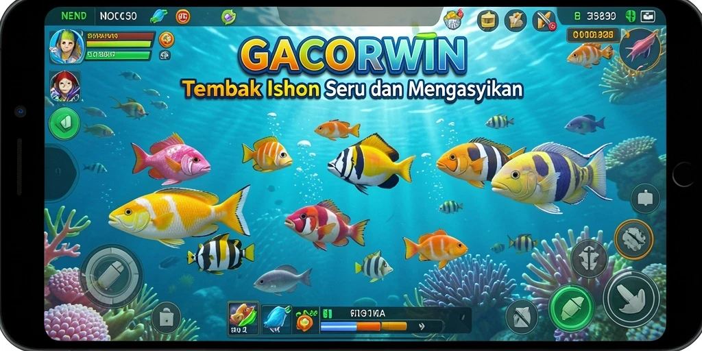 Screenshot gameplay GACORWIN menampilkan pemain sedang berburu ikan dengan berbagai senjata.