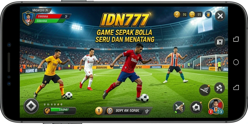 Screenshot gameplay IDN777 menampilkan aksi mendebarkan dalam pertandingan sepak bola.