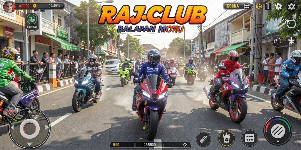 Screenshot gameplay RAJACLUB menunjukkan balapan motor yang mendebarkan.