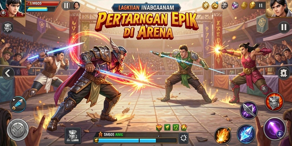 Tangkapan layar utama SM605 menampilkan berbagai karakter beraksi dalam pertarungan sengit.